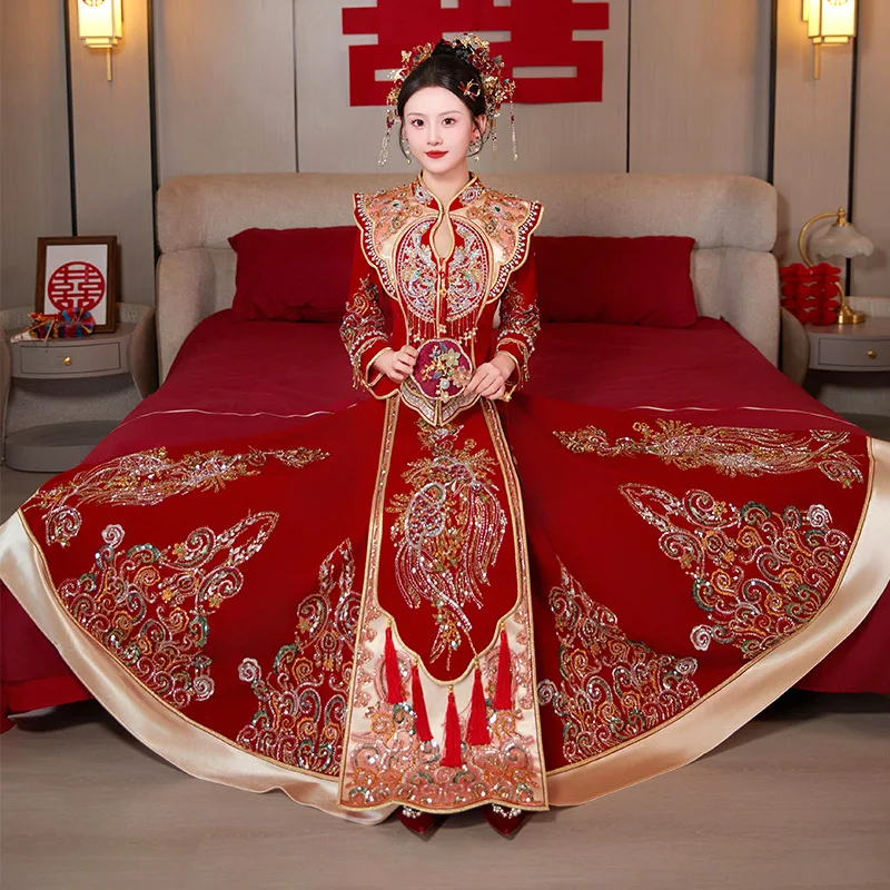 Female Elegant Tassel Cheongsam Dragon Embroidery Chinese Style Gold Wedding Dress Marriage Set Bride Costume Slim Toast Xiuhe