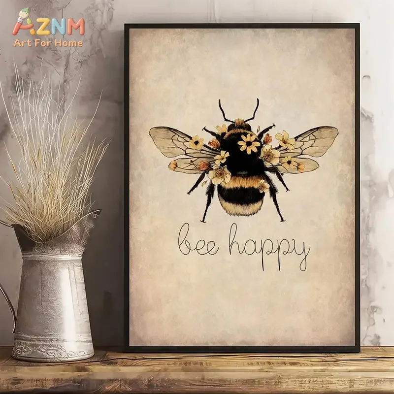 AZNM Bee Happy Vintage Bumblebee With Flowers Canvas Wall Art Retro Insect Positive Quote Print Farmhouse Home Unframed Canvas P