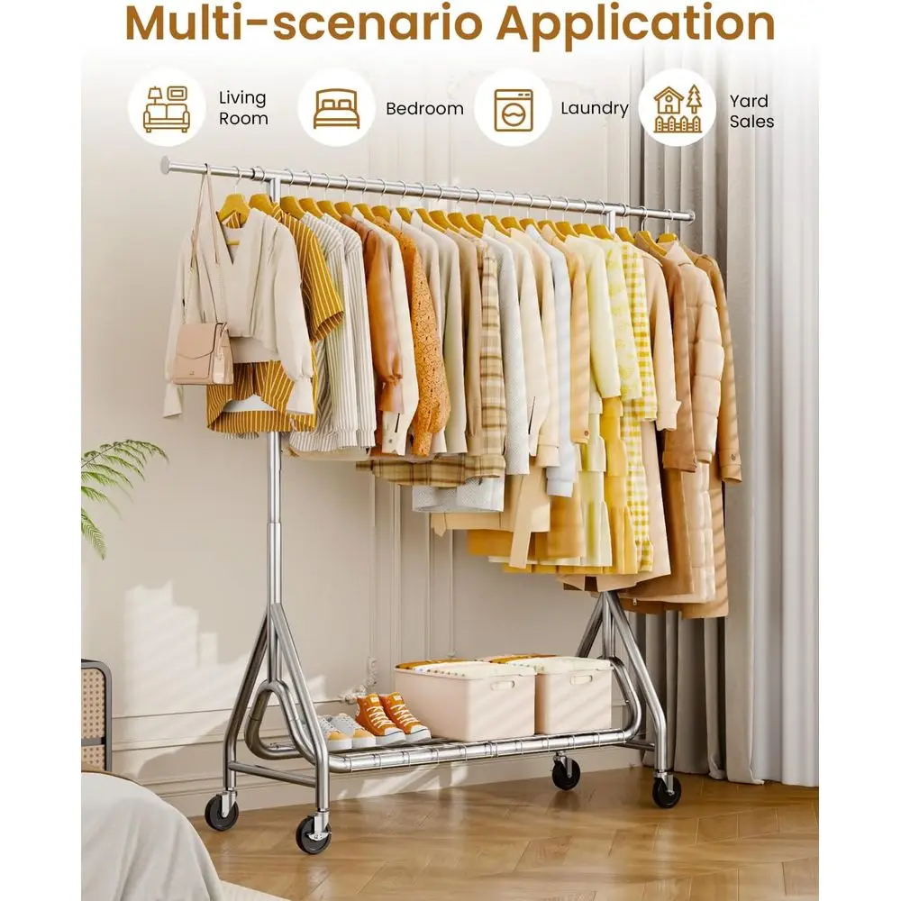 Sturdy Metal Hanging Clothes Rack, 450 lbs Capacity, Rolling with Lockable Wheels, Silver