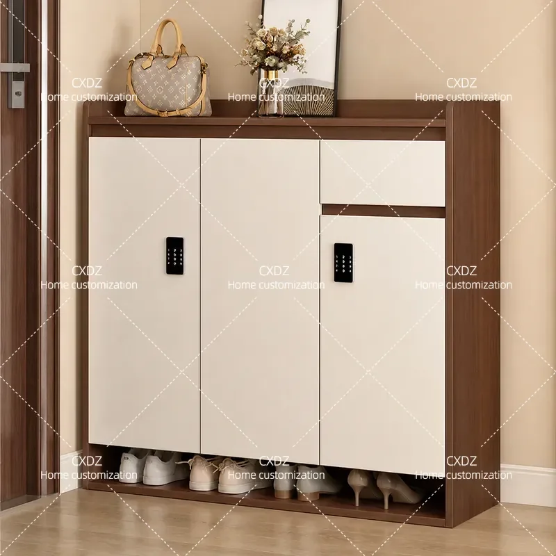 Solid Wood Shoe Cabinet Large Capacity Entryway Storage Locker with Lock for Hallway Corridor Elevator Entrance Integrated