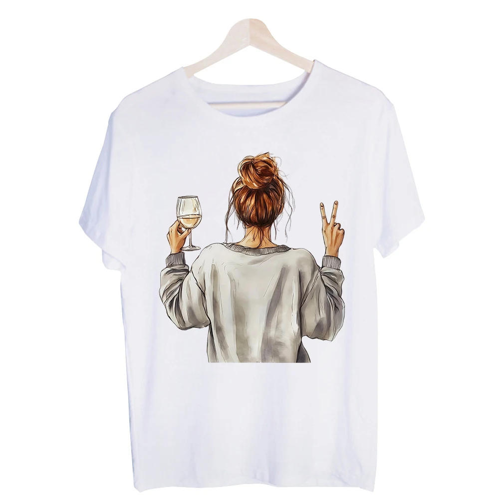 Women's Back View Woman Wine Glass and Peace Graphic Tee, Short Sleeve Casual Shirt Daily Wear and Social Gatherings