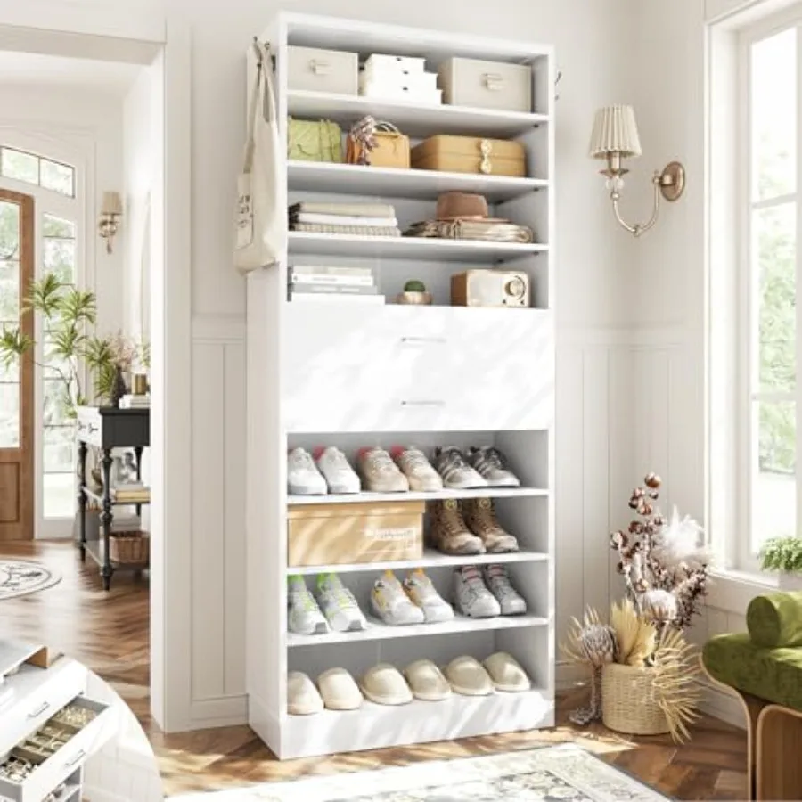 Tall Shoe Cabinet for Entryway, Solid Wood Construction, Natural Finish, Holds 24+ Pairs with Adjustable Shelves