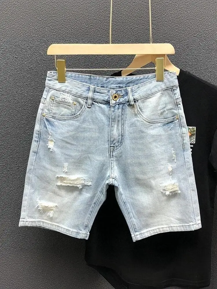 Summer 2025 Washed Light Blue Denim Shorts Men's Ripped Hole Patch Loose Straight Elastic Basic Man Jeans Short Man Shorts Pants