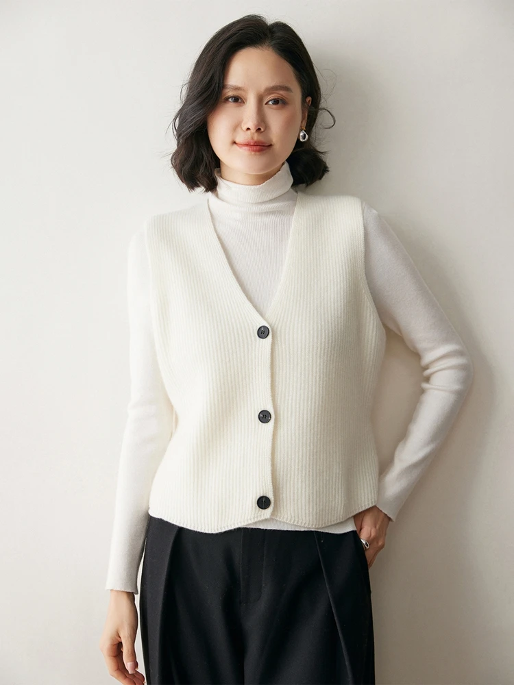 New Women's 100% Pure Cashmere Cardigan Vest V-neck Sleeveless Autumn Winter Simple Soild Knit Waistcoat High-end Outwear Basic