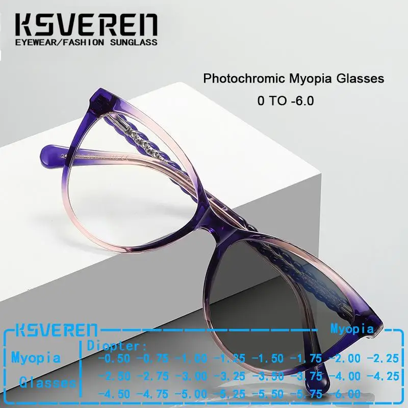 

KSVEREN Alloy Frame Photochromic Myopia Glasses Women Cat Eye Optics Finished Presc Nearsighted Eyewear -50 -1.25 -2.75 To -600