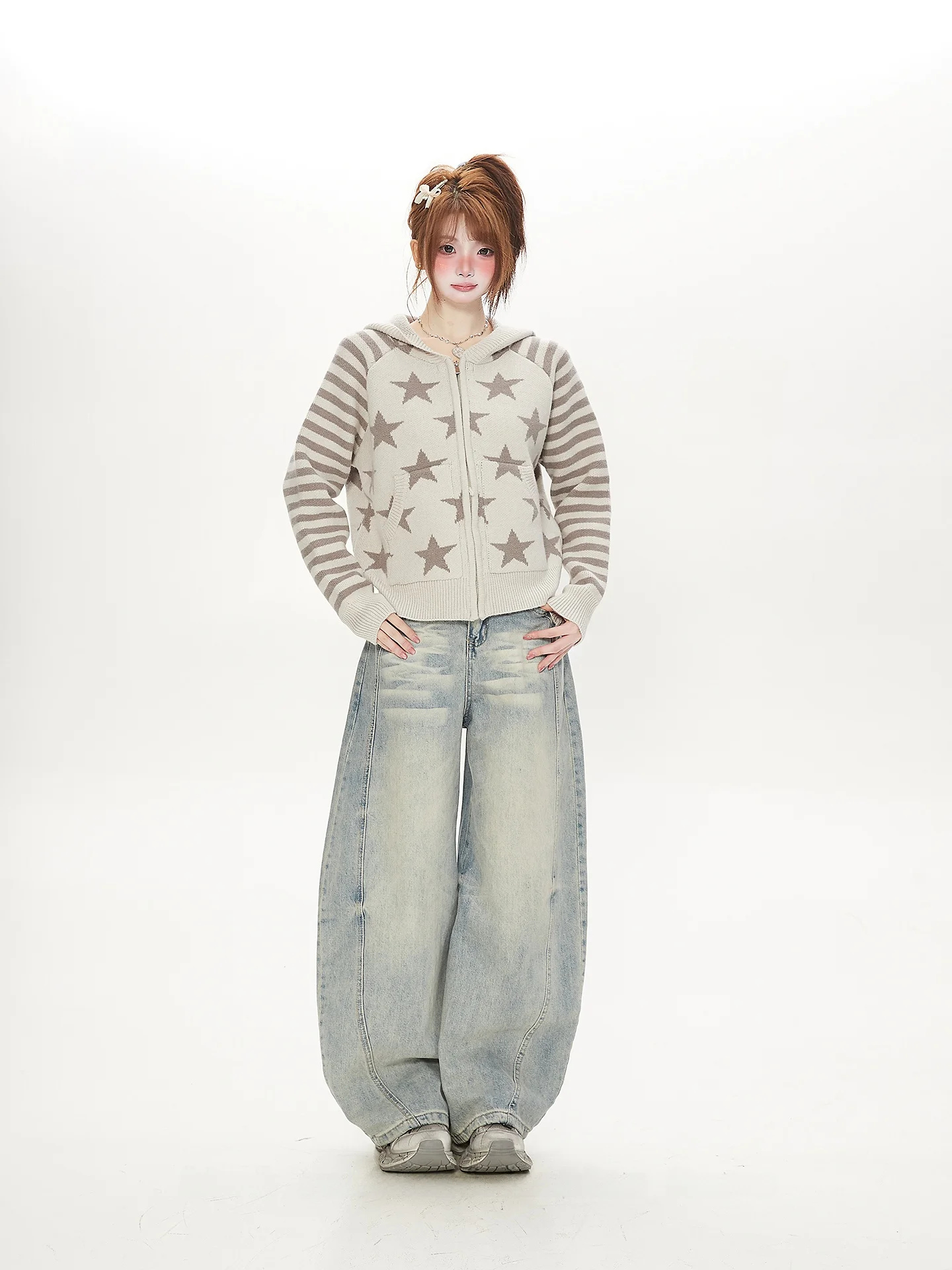 

Women's Spring Autumn Zipper Hoodie Knitted Sweater Patchwork Star Embroidery ort Length Casual Sweet Sle Faion Outerwear