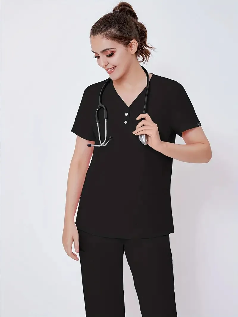 Health Uniform Two-Piece Set, Patched Pockets V-Neck Top & Solid Pants, Women's Clothing