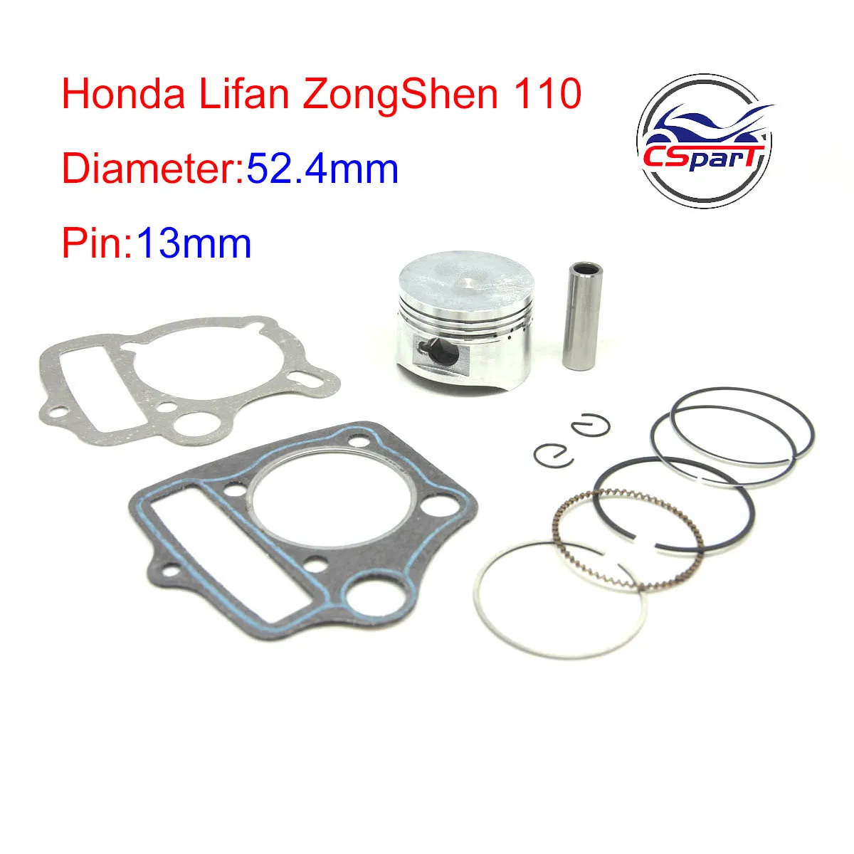 52,4 mm 13 mm 110 CC Zylinder Kolbenring Dichtungssatz Dirt Bike Pit Bike ATV Quad