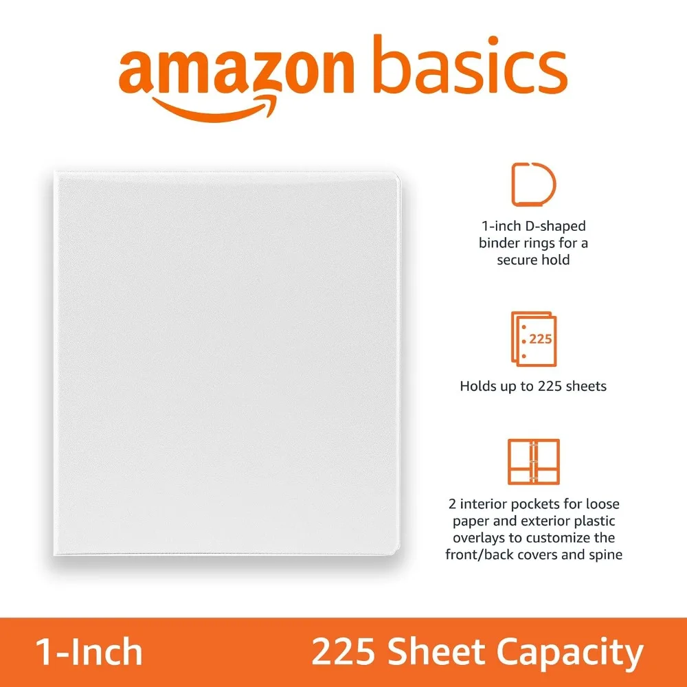Durable 1-Inch D-Ring Binder with Clear Overlay, 2 Interior Pockets, Holds 225 Sheets, White, 4-Pack