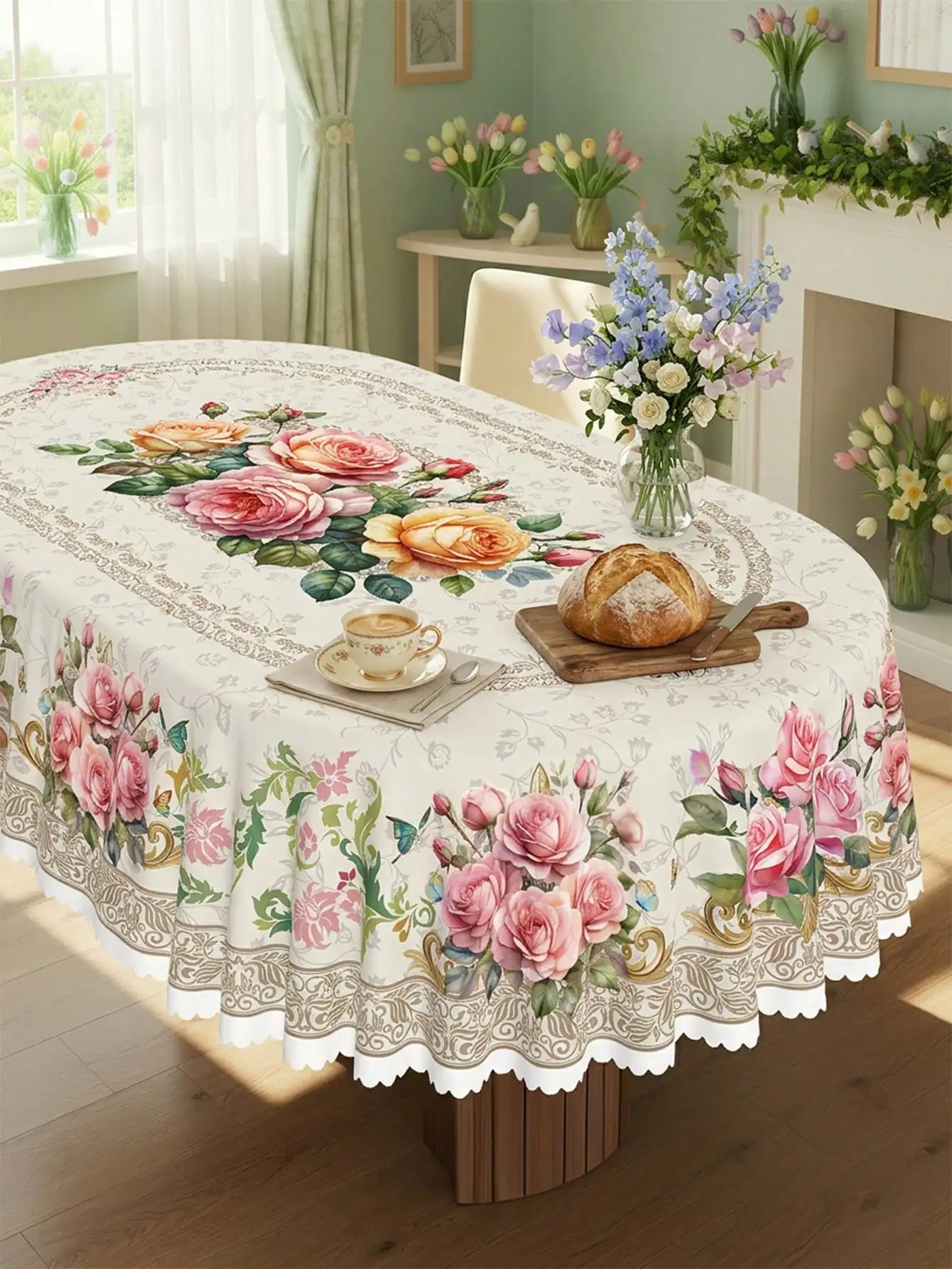 1pc-Vintage Rose Floral Tablecloth, Watercolor Pink Rose Print With Lace Trim Table Cover, Spring & Mother's Day Themed Polyester Decor, Waterproof & Stain Resistant Table Cover For Kitchen Dining Room, sh260310153686196360182