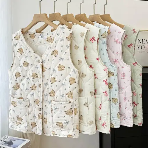 따뜻한 조끼 2024년 겨울 단추 폴리에스터 짧은 따뜻한 코튼 꽃무늬 단단한 부드러운 조끼 조끼 