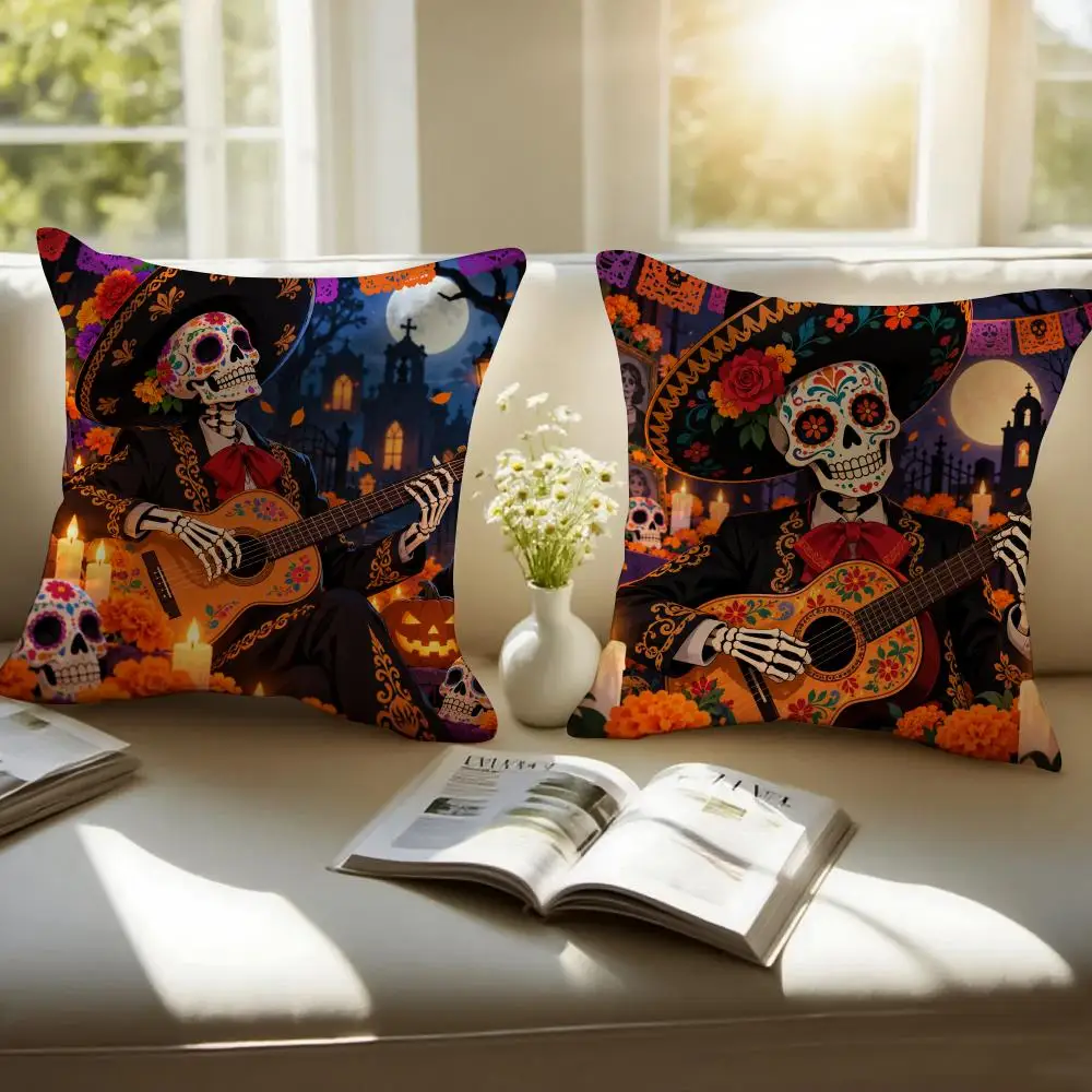 Hallowee Dia de los Muertos Skeleton Cushion Cover Pillowcase Anti-dustmite Invisible Zipper Short Plush Sofa Cushion
