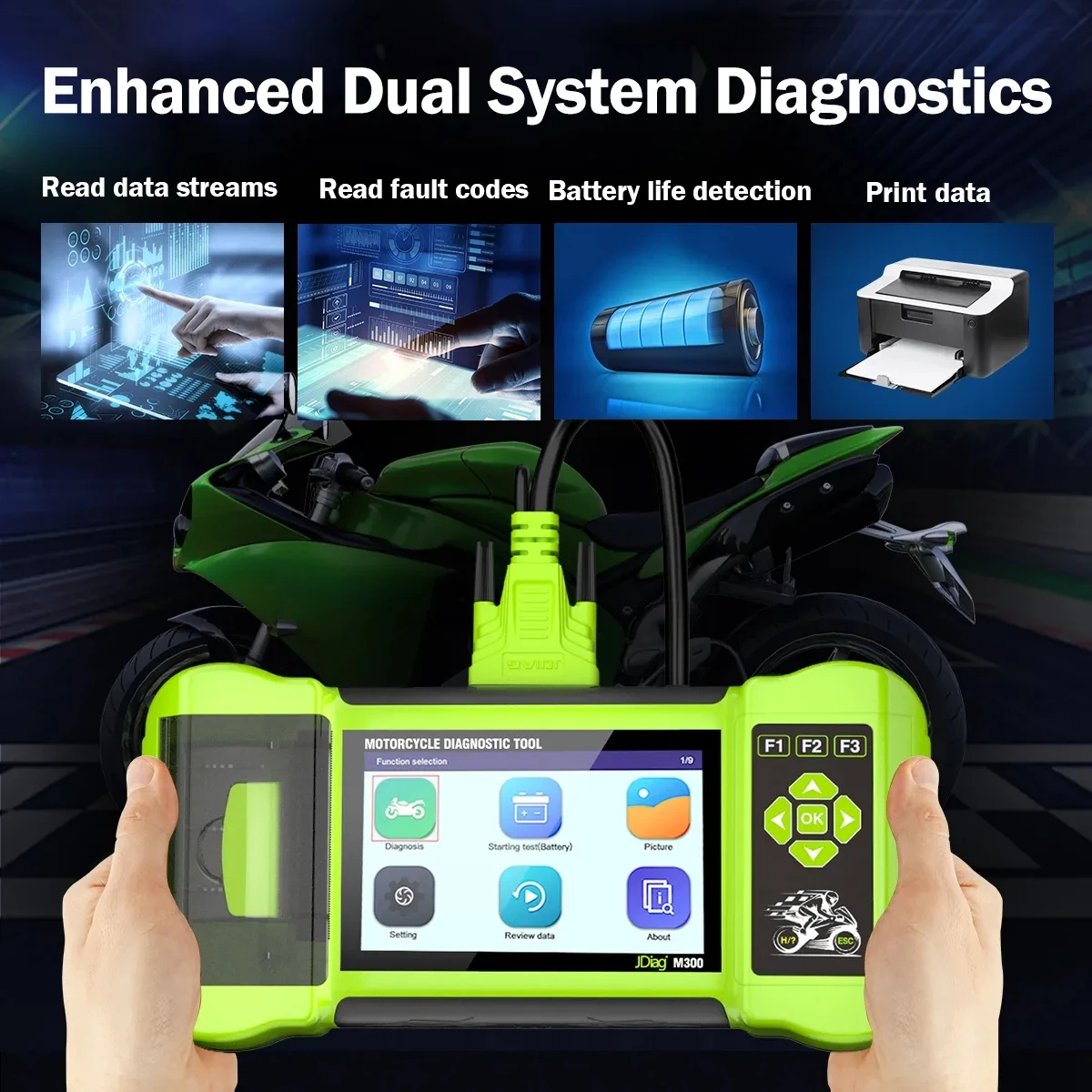 JDiag Motorcycle Diagnostic Scanner, testador portátil, ajuda o técnico a diagnosticar problemas e fazer reparos mais rápidos, M300