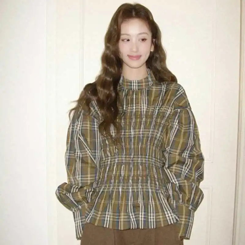 

Women's Retro Bubble Sleeve Checkered Long Sleeved Shirt Fashion Chic Pullover Top Female Vintage Round Neck Tops