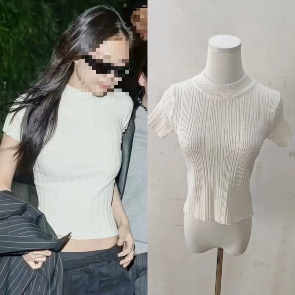 بلوزة محبوكة بأكمام قصيرة بقصة ضيقة باللون الأبيض مع نصف ياقة عالية على طراز جيني ملابس عصرية ومريحة للتنقل في المناطق الحضرية #1