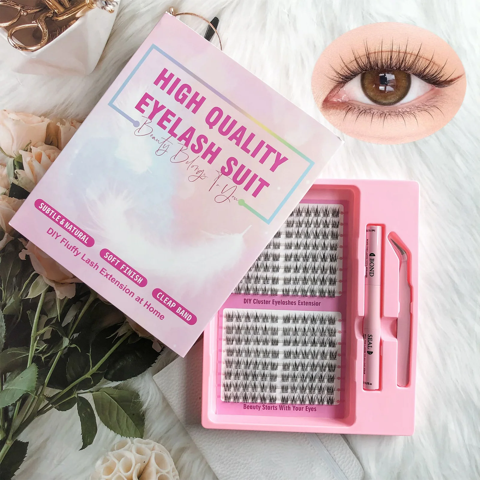 Princesa tira completa cílios postiços conjunto individual cílios bond & seal lash pinças kit diy lash extensão kit