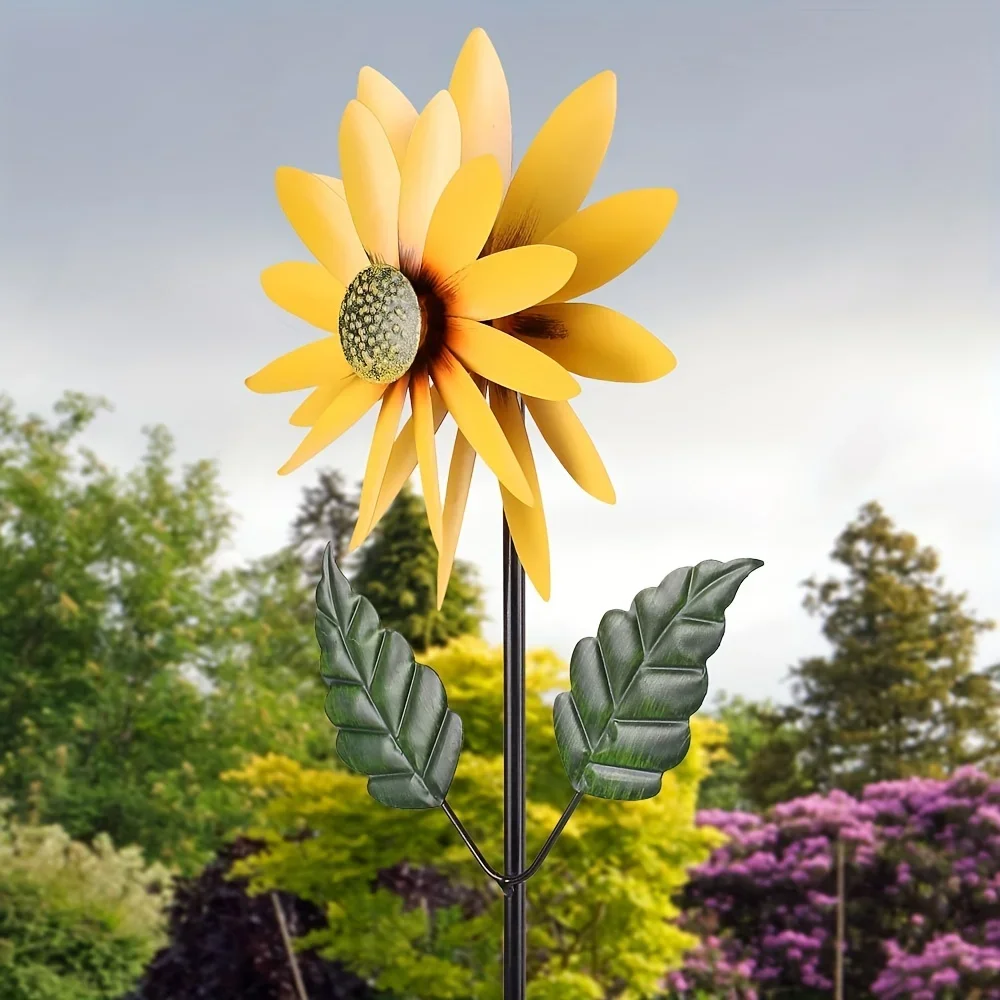 1pc 3D Metal Sunflower Windmill Sculpture - Garden Stake, Wind Spinner, Artistic Yard Decor Outdoor Decorative Accent