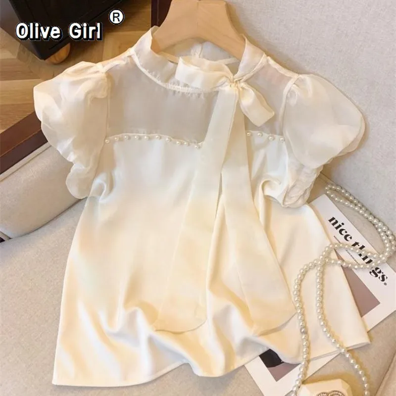 

Olivegirl Bow Ribbon Bubble Sleeve Shirt Blouse Summer Light Luxury Satin Top Unique Chiffon Top 2026 Women's Clothing