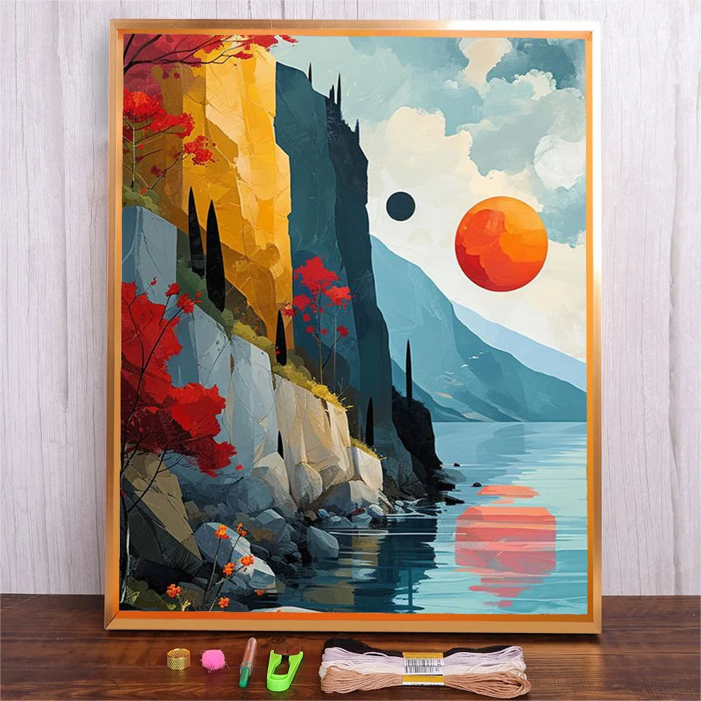 

Embroidery Kits Abstract Landscape Cross Stitch Sunset Printed Canvas Cotton Thread Needlework DIY Gift Home Decoration