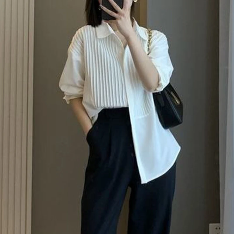 2022 Spring Autumn Turn Down Collar White Simple Pleated Shirt Women Elegant Fashion Temperament All-match Blouse Femme Cardigan