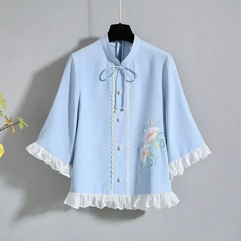 Summer Women Modern Hanfu Chinese Chiffon Blue Short Sleeve Top White Pleated Skirt Set Plus Size 3XL Costume Traditional Dress