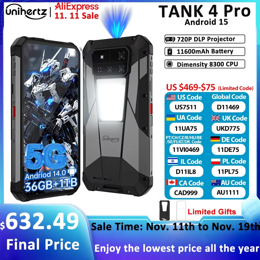 Unihertz by 8849 Tank 4 pro 5G AI Rugged Phone Built-in 720P Projector Dimensity 8300 512GB/1TB ROM 3k AMOLED 11600mAh IP68/IP69