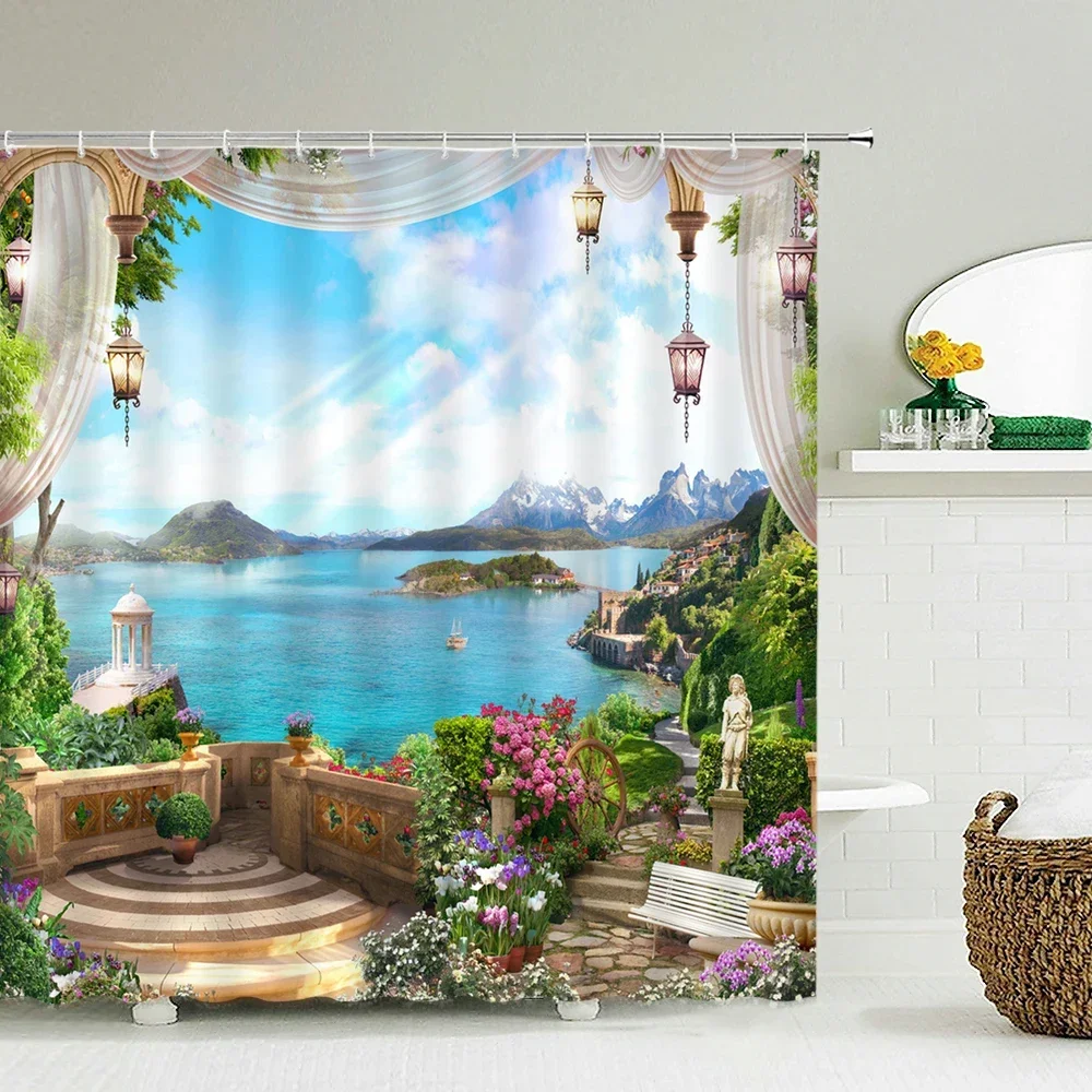 Flowers Garden Landscape Shower Curtain European Retro Rural Scenery Waterproof Bathroom Partition Bathtub Screen with Hooks
