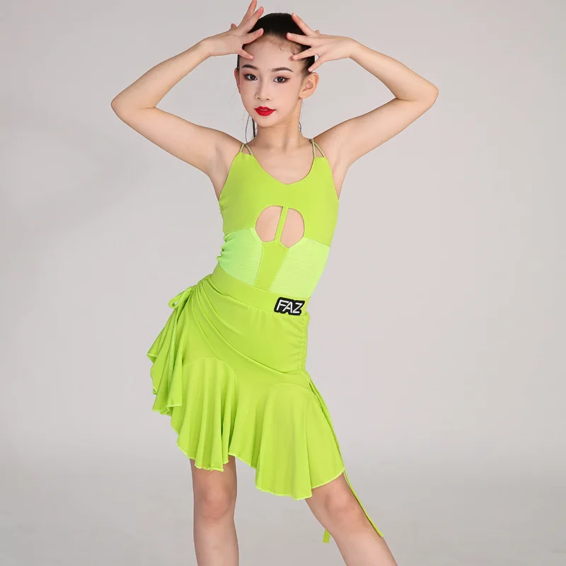 

Customized Latin Dance Suit Practice Dress Girls' Competition Performance Dress Avocado Green Strap Top Latin Skirt Split Set