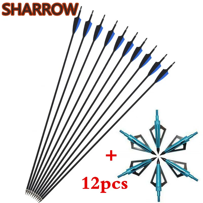 

12Pcs 30" Archery Carbon Arrows SP 500 Replaceable Screw Arrow Points With Broadhead For Outdoor Hunting Shooting Accessories