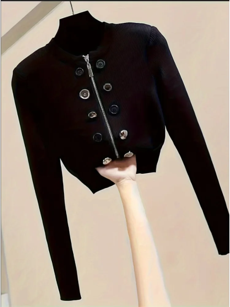 Maglione girocollo nero a maniche lunghe con cerniera Cardigan con bottoni Top da donna High Street Fashion T-shirt autunnale comoda vestibilità slim
