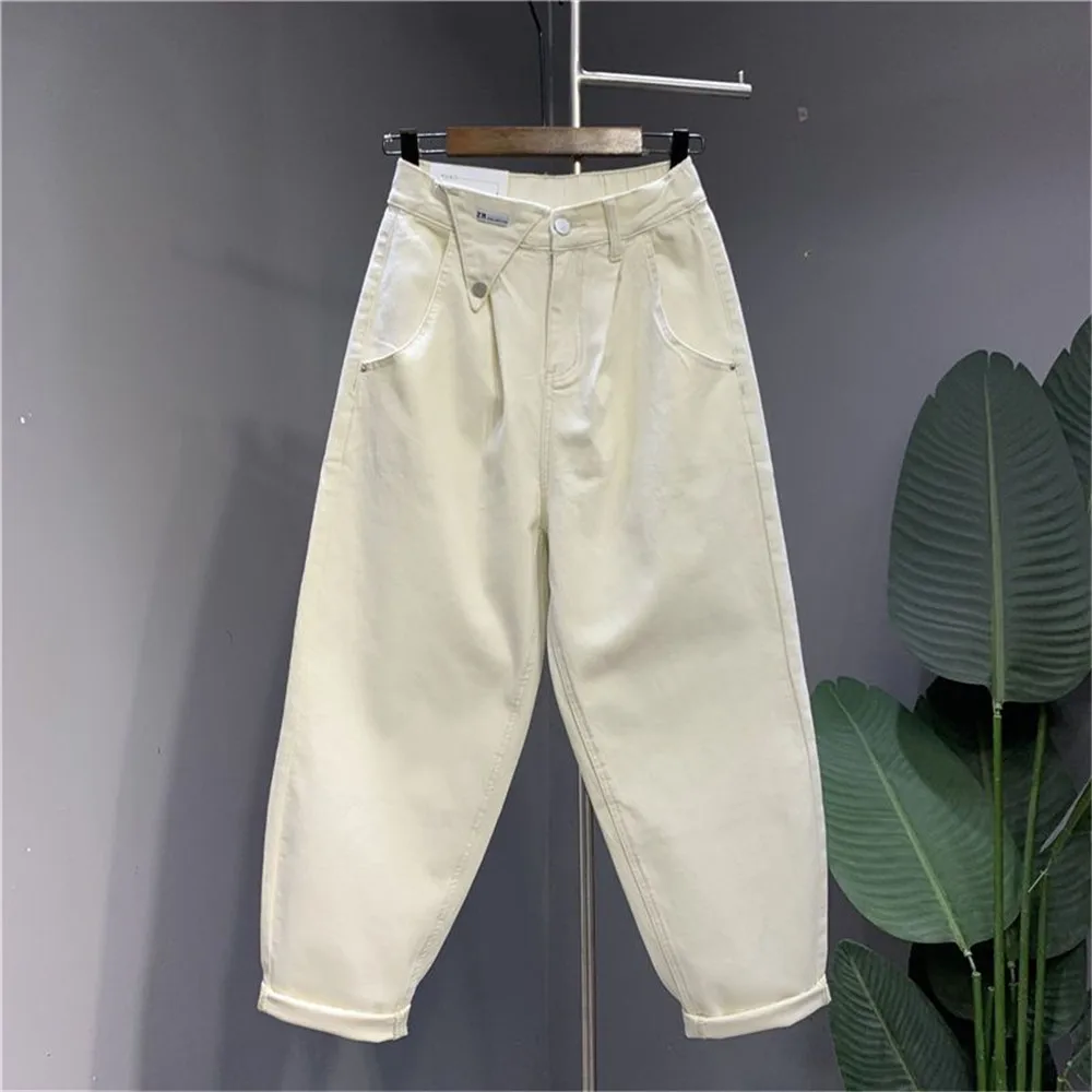 Casual Cute Color High Waisted Baggy Jeans Women Spring Pocket Loose Ankle-Tied Harem Denim Pants 2023 Korean Hip Hop Streetwear