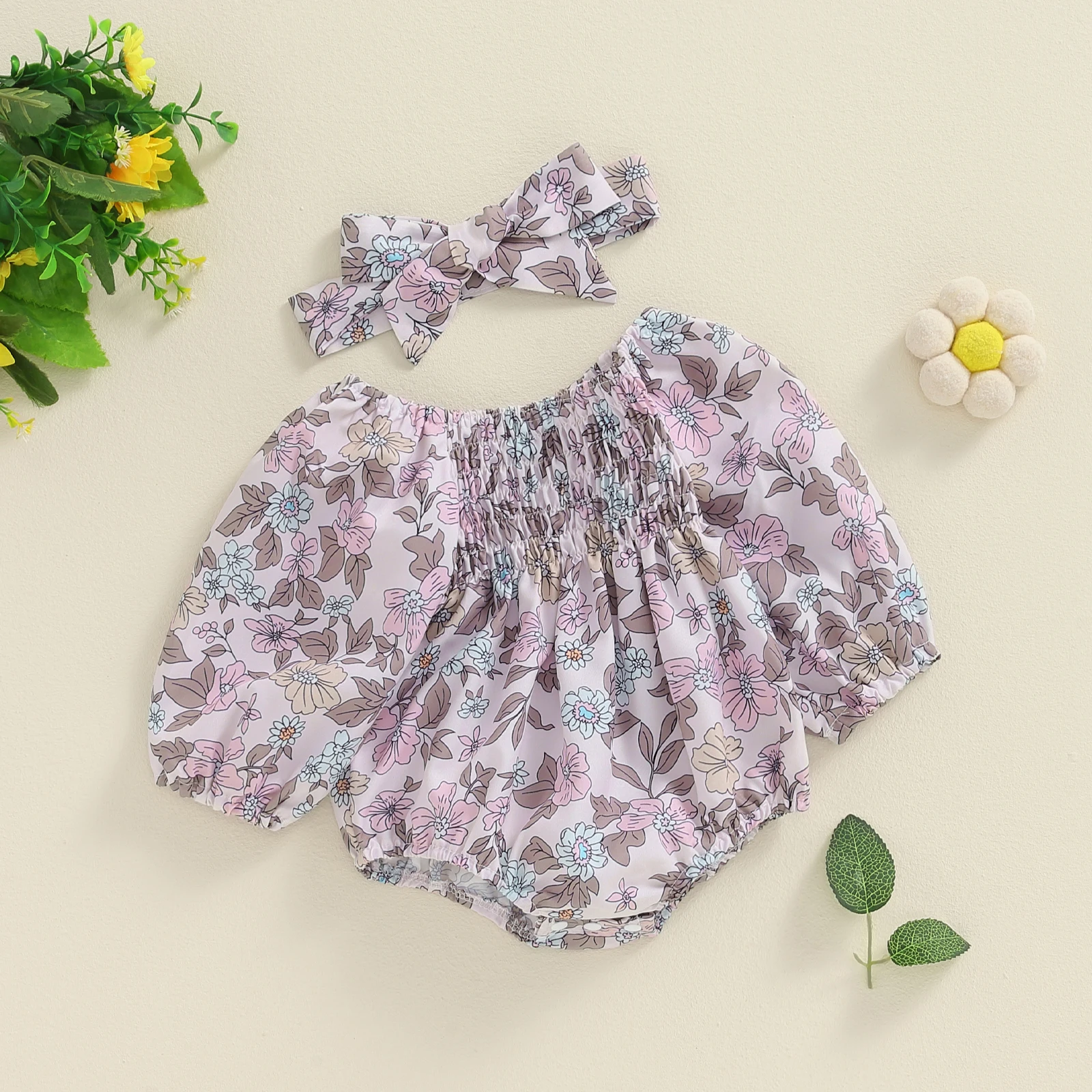 BeQeuewll Long Sleeve Baby Girl Clothes Cute Floral Print Infant Romper Fall Elastic Neckline Shirred Kid Jumpsuit with Headband