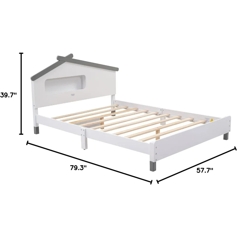 Rangka Tempat Tidur Platform Kayu Ukuran Penuh untuk Anak Laki-laki Perempuan Anak-anak Dewasa dengan Headboard Berbentuk Rumah dan Lampu Malam yang Diaktifkan Gerakan