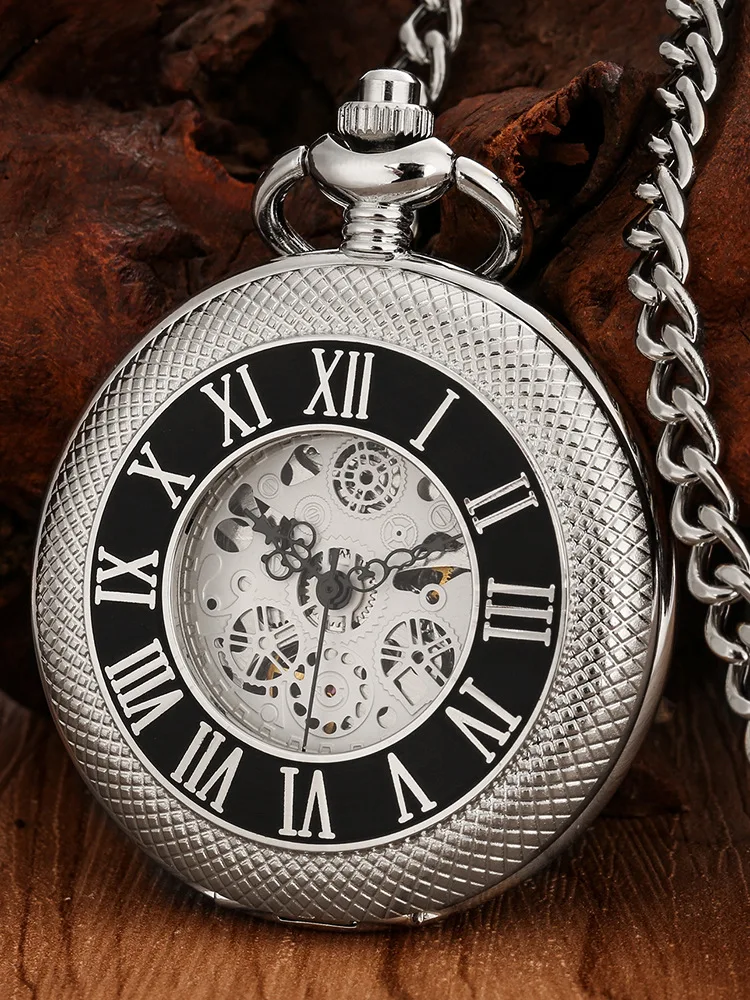 Creative Silvery Engraved Hollow Quartz Pocket Watch With Arabic Numerals Vintage Pendant Necklace for Birthday Gift Chain