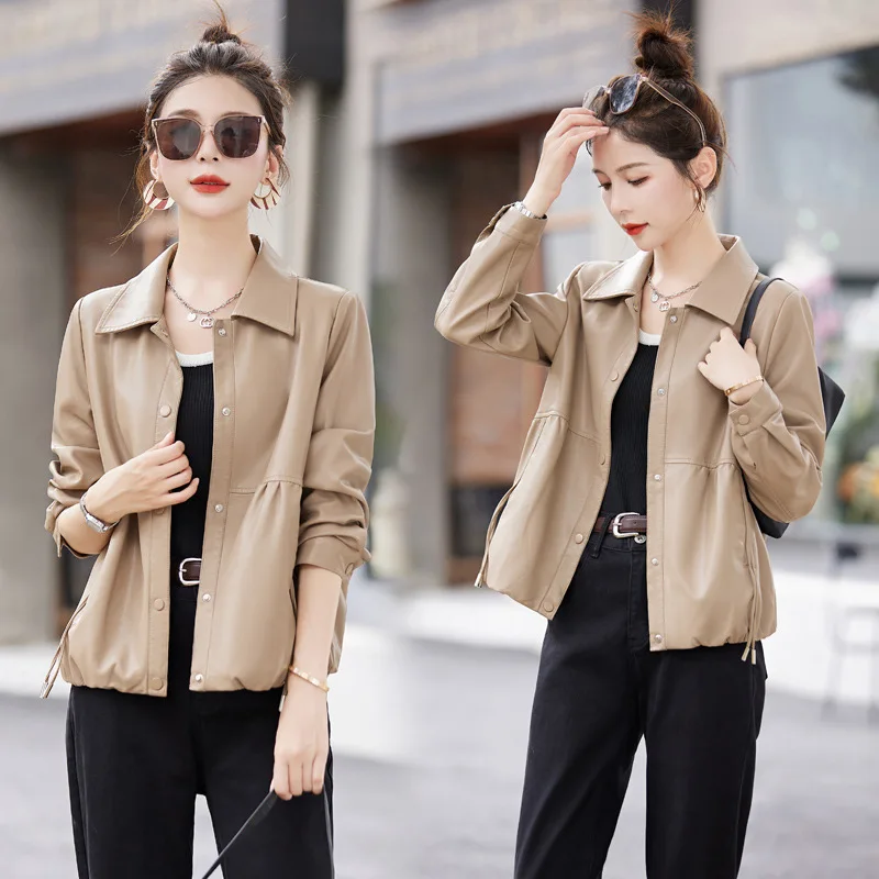 Spring and Autumn Loose Leather Coat for Women's 2024 New Slimming Solid Color Temperament Casual Short Sheepskin Jacket