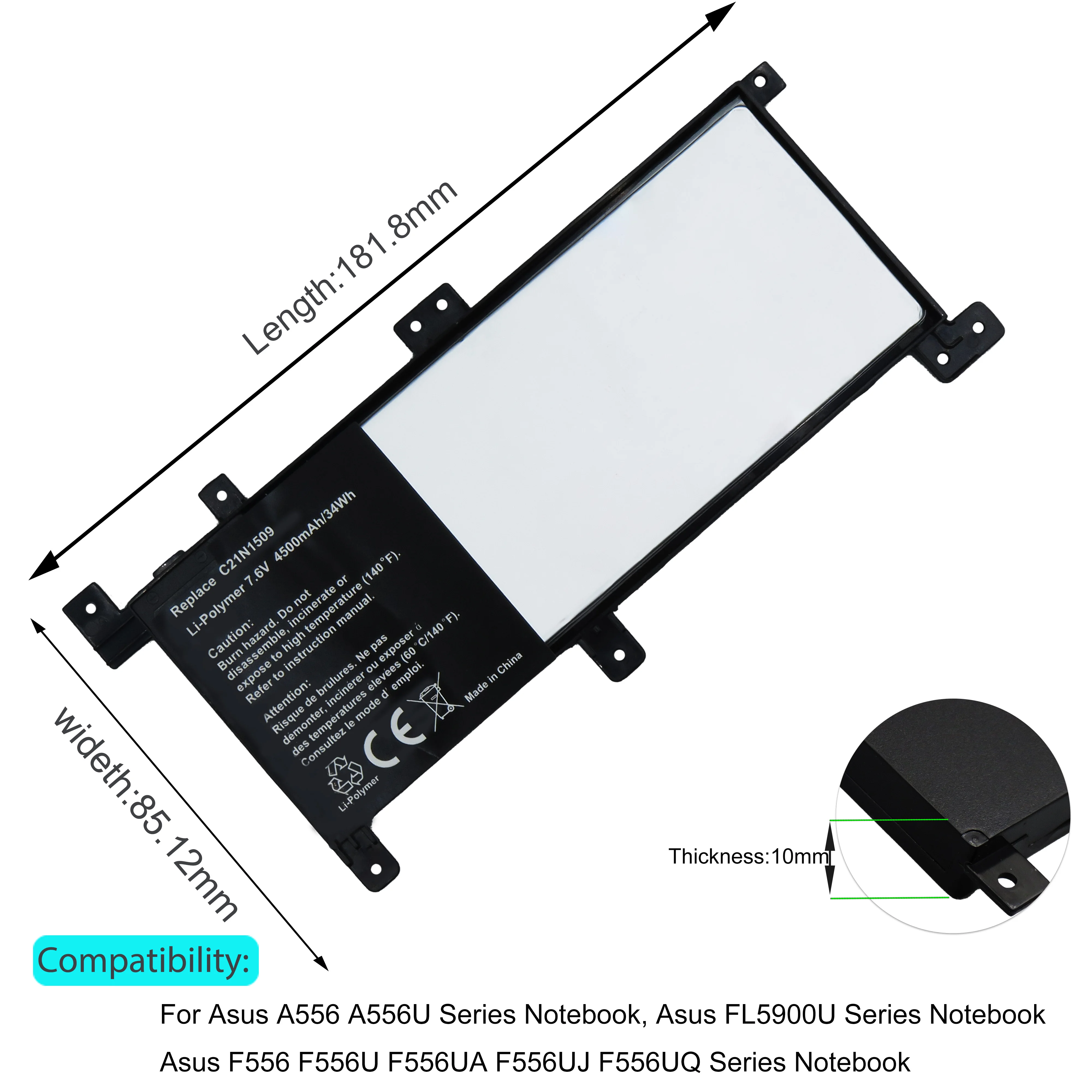 For Asus Vivobook C21N1509 Laptop Battery X556UA X556UB X556UF X556UJ X556UQ X556UQK X556UR X556UV K556U K556UA K6UB