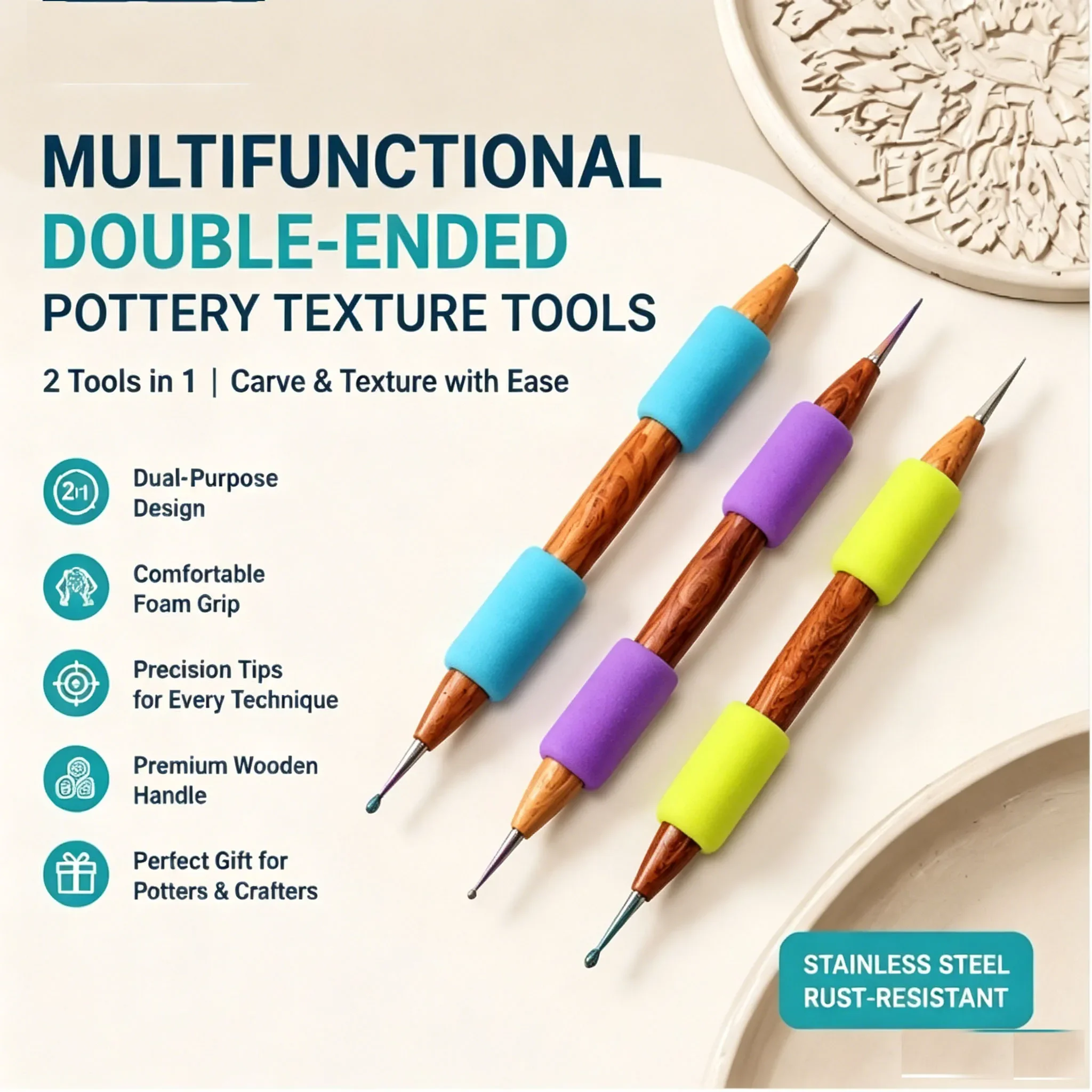 Multifunctional Double-Ended Pottery Texture Tools Wooden Handle Clay Carving DIY Ceramics 2 Tools in 1 Rust-Resistant Carving
