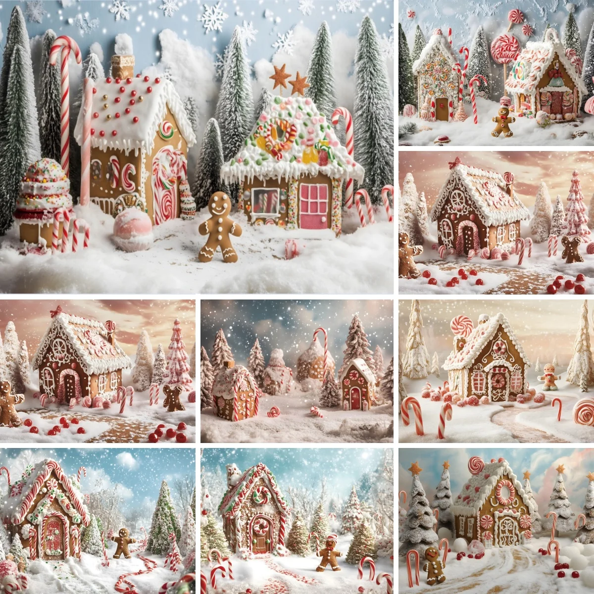 Christmas Pink Gingerbread House Photography Backdrop Winter Snow Xmas Tree Candy Cookie Kids Cake Smash Decor Photo Background