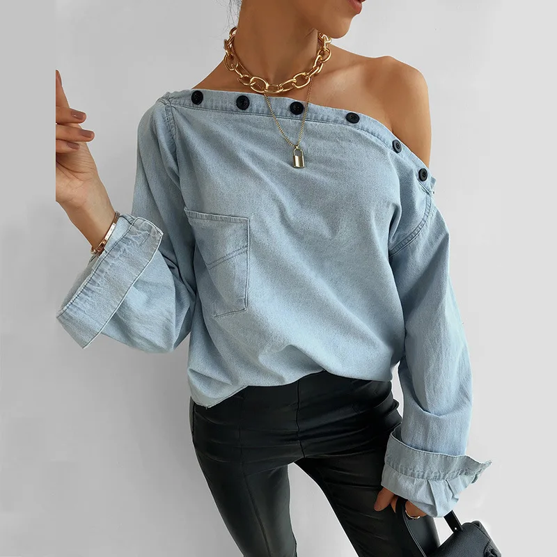 

Women Buttons Off Shoulder T-Shirt Long Sleeve Denim Shirt Casual Camisas De Mujer 2023 Streetwear Female Pocket Loose Jean Tops