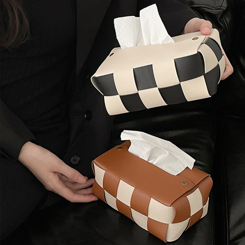 Checkerboard Woven Tissue Box PU Leather Napkin Case Living Room Office Desktop Home Decoration Creative Paper Towel Cover