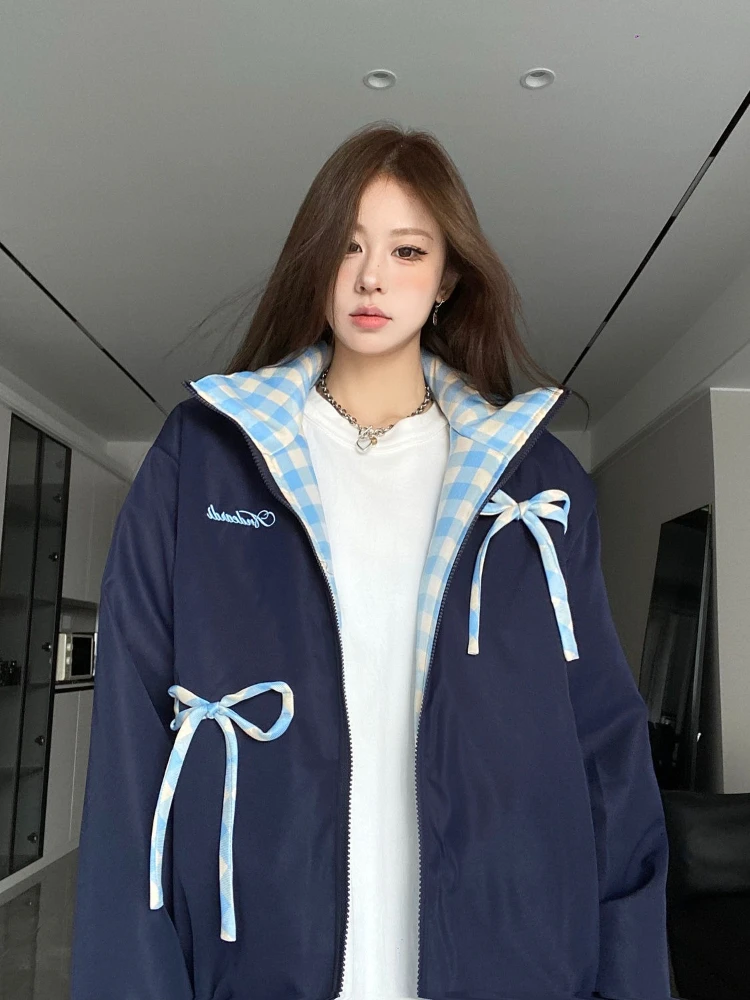 

American Autumn Winter All Macth High Street Letter Embroidery Bow Appliques Coat Y2k Sweet Korean Plaid Parka Harajuku Clothes