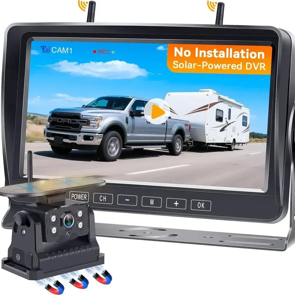 Wireless Backup Camera for RV Install-Free 7-Inch: Magnetic HD 1080P Recording Solar Rear View Camera No-Delay Signal with Touch