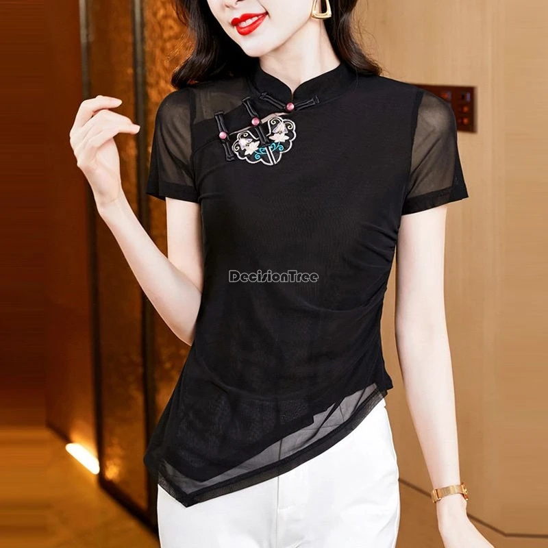 2024 chinese style gauze short sleeve embroidery cheongsam top women summer new irregular design fold design qipao shirt w911