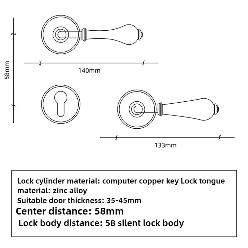 New 2026 Ceramic Door Lock 58 Silent Magnetic Lock Indoor European Pastoral Style Zinc Alloy Material with Door Suction Hing