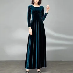 2023 Women's Autumn and Winter Round Neck New Fashion Golden Velvet Long Sleeve Folds Solid Color Slim Fit Waist Pullover Dress
