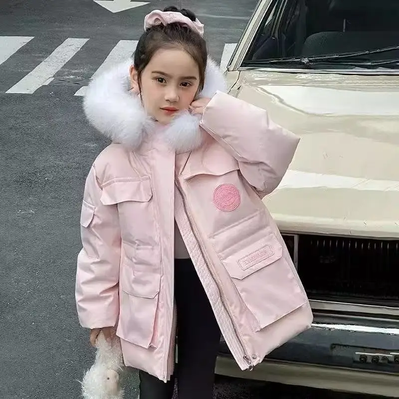 2026 Winter Kids Down Jackets -15℃ Teen Girls Sweet Solid Color Fur Hooded Thicken Cotton Warm Coats Children Outdoor Snowsuit