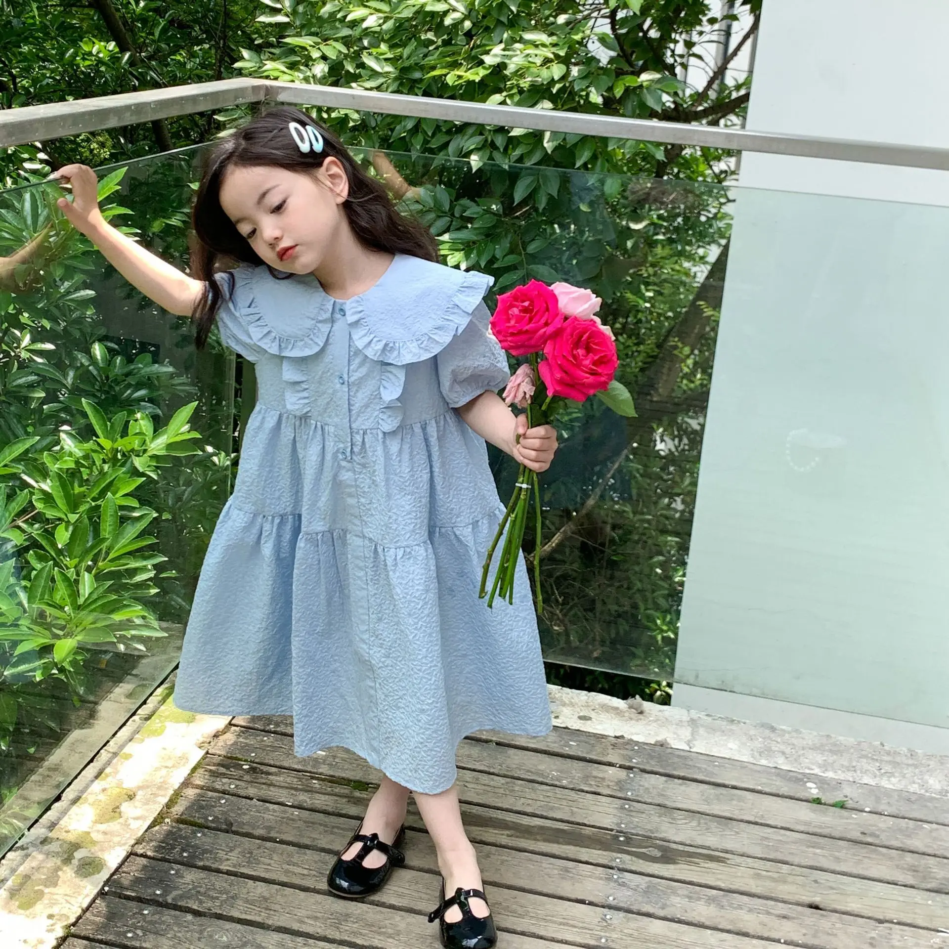 

Girls Skirt Children Cotton Dress 2024 Summer Baby Girls Big Skirt Lapel Embossed Princess Doll Dress Korean Sweet Style