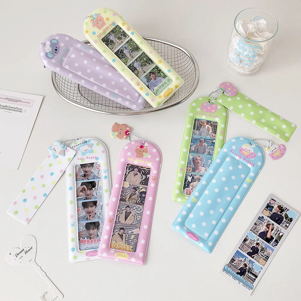 Cute Cartoon Bear Polka Dot Four‑Grid Photo Strip Card Holder Student Hanging Charm Card Case Long Photo Booth Card Pouch
