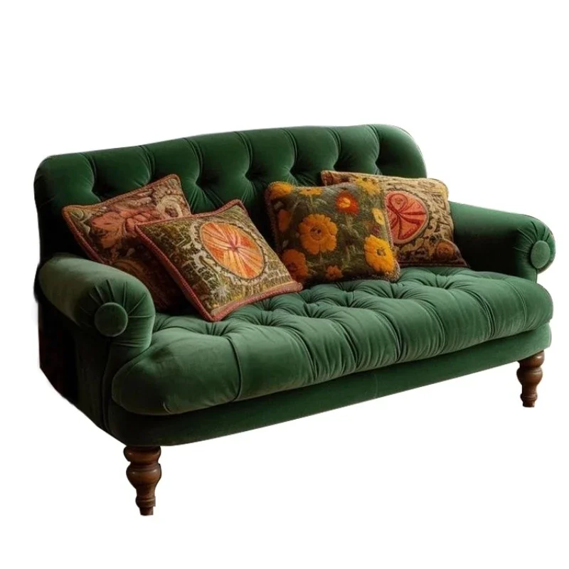

American dark green velvet buckle fabric sofa French retro light luxury clothing store B & B double sofa chair