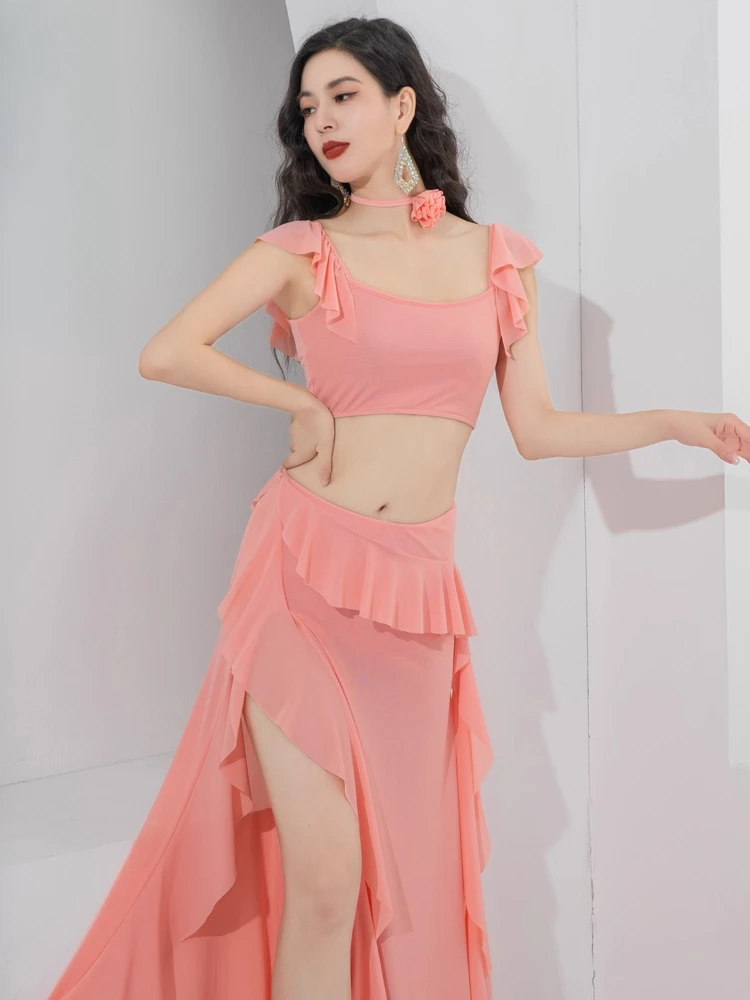 Traje de danza del vientre estilo de hadas cinta de hoja de loto ropa de danza Oriental traje de práctica de malla de verano para clase